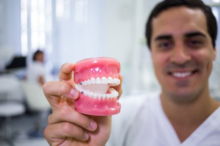 Portrait of dentist holding a set of dentures in the clinic